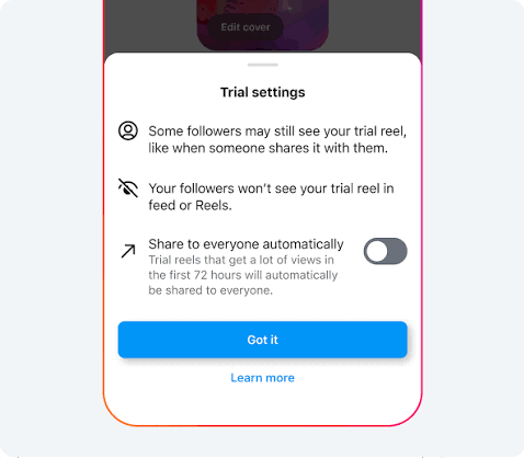 سير عمل نشر ريلز Instagram حيث يختفي زر Trial من شاشة المشاركة النهائية.