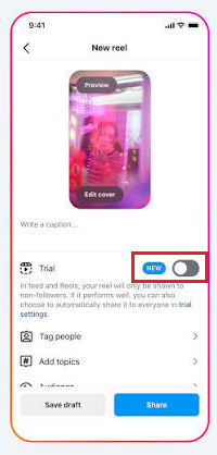 شاشة ريلز Instagram وملف شخصي موجودين حيث لا يتوفر زر Trial قبل النشر.
