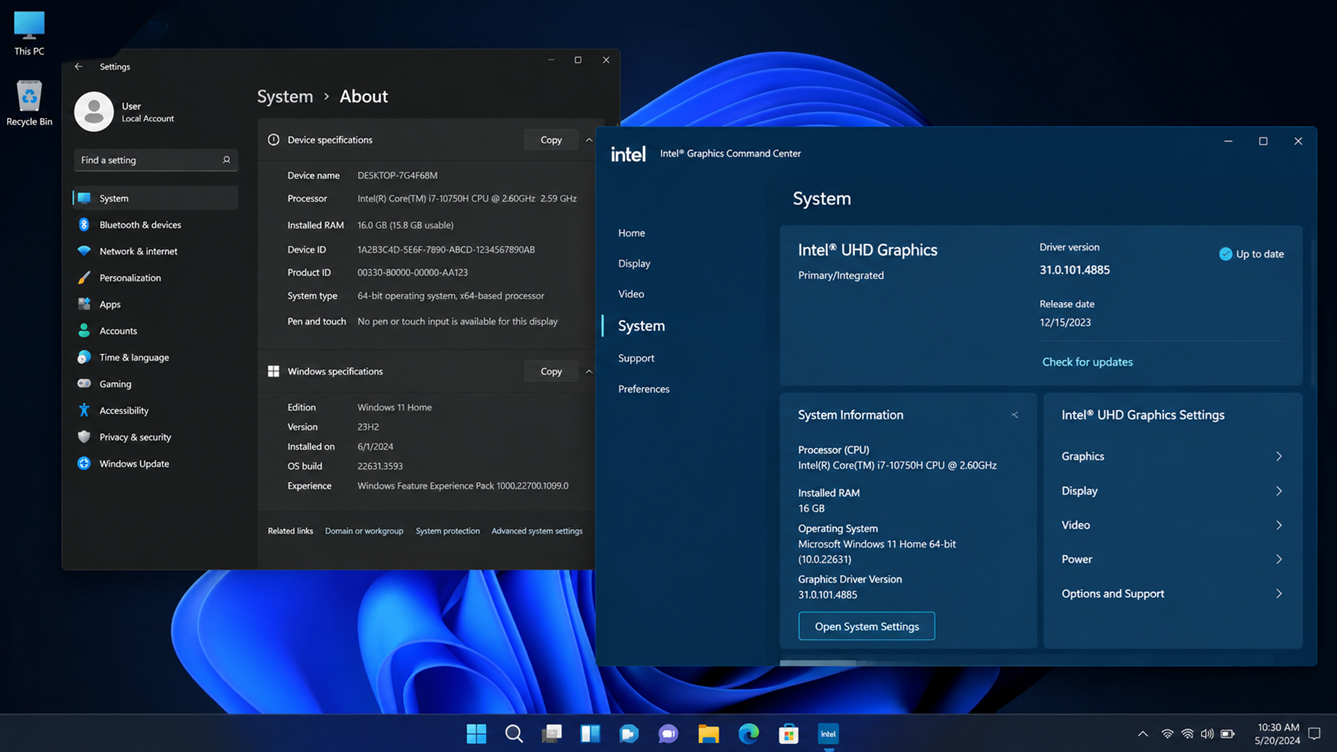 معلومات نظام Windows وتفاصيل برنامج تشغيل رسوميات Intel يتم التحقق منها قبل إصلاح Intel Graphics Command Center.