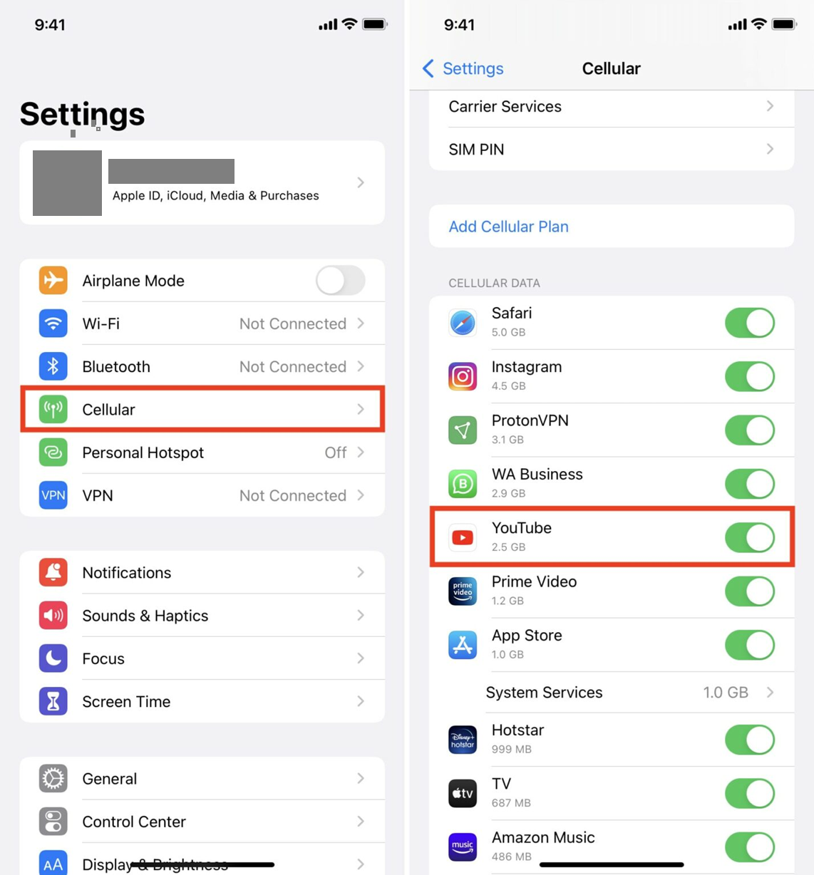 صفحة إعدادات Cellular على iPhone تظهر مفتاح تبديل بيانات الجوال لتطبيق YouTube.