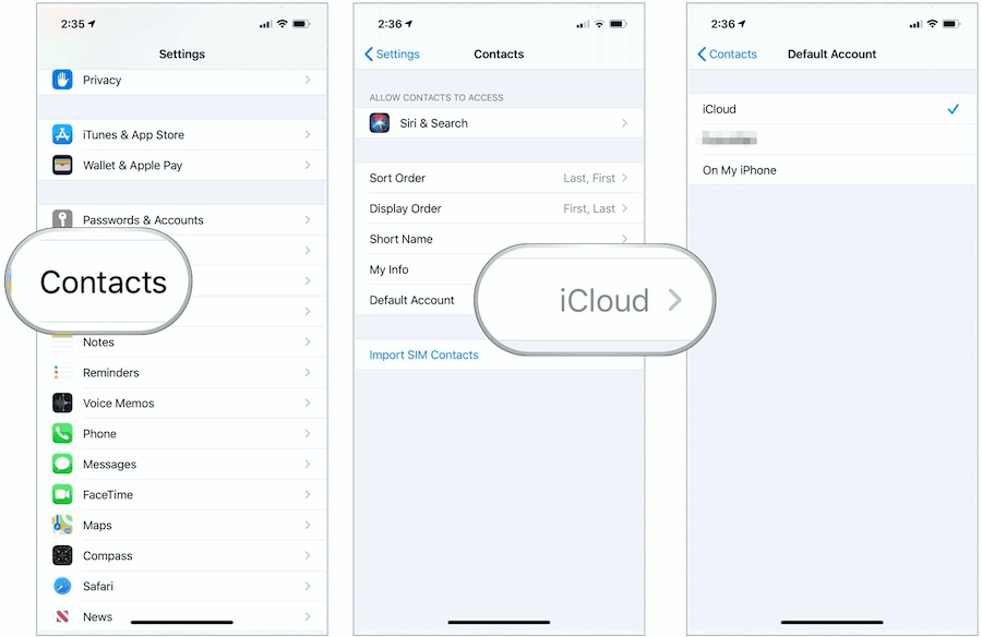 إعدادات جهات الاتصال على iPhone تُظهر الحساب الافتراضي وعرض القوائم مع تحديد 