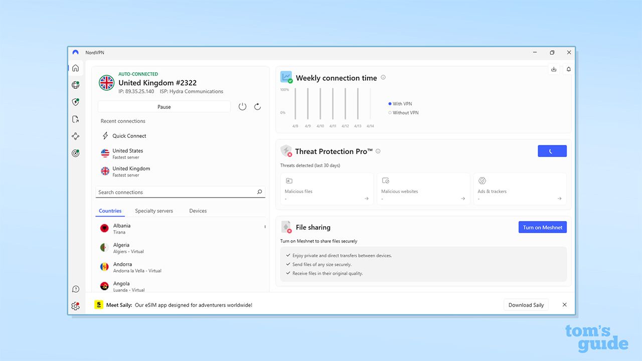 الصفحة الرئيسية لتطبيق NordVPN على Windows. تنقسم إلى عدة واجهات مختلفة تشمل اتصال VPN، والاتصالات الأخيرة، وواجهة الخوادم مع خيارات للبلدان والخوادم المتخصصة والأجهزة. توجد أيضًا واجهة لوقت الاتصال الأسبوعي، وواجهة لـ Threat Protection Pro، وواجهة لمشاركة الملفات مع خيار لتشغيل Meshnet.
