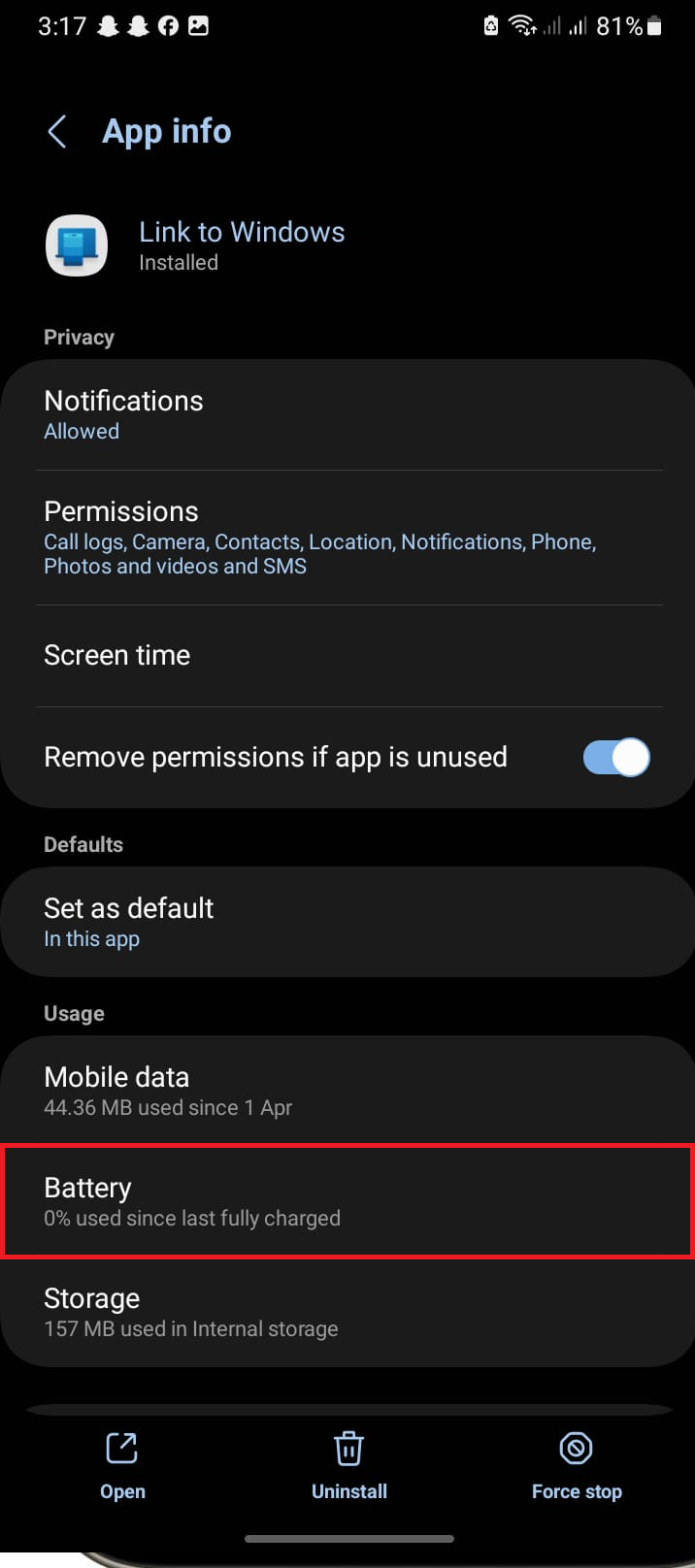 إعدادات بطارية Android لإيقاف تحسين البطارية لتطبيق Link to Windows.