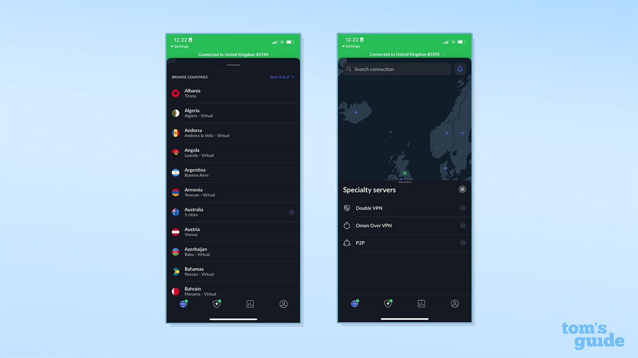 لقطتان شاشة لقوائم خوادم NordVPN على iOS. إحداهما تعرض قائمة الخوادم العادية، والأخرى تعرض قائمة الخوادم المتخصصة على iOS. تشمل الخوادم المتخصصة Double VPNyOnion OverVPNyP2P.