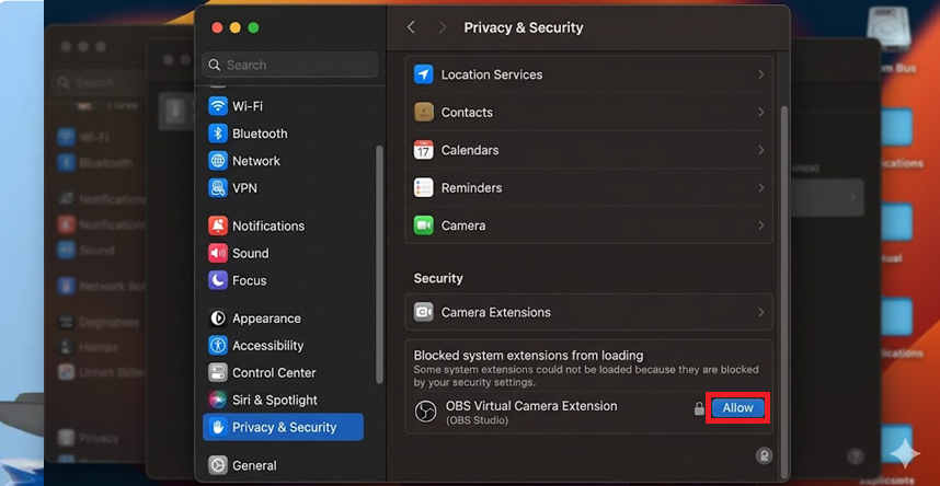 أذونات الكاميرا في macOS تظهر تمكين OBS والتطبيق المستهدف.