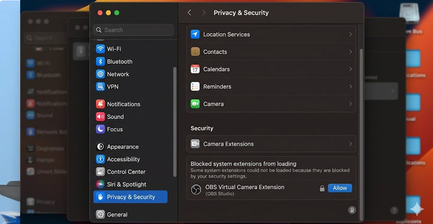 لوحة الخصوصية والأمان في macOS تسمح بملحق نظام الكاميرا الافتراضية لـ OBS.
