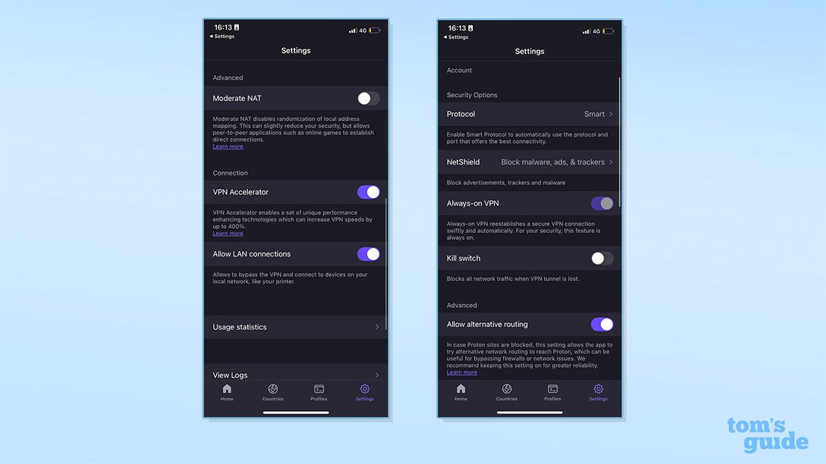لقطتا شاشة تعرضان إعدادات Proton VPN.