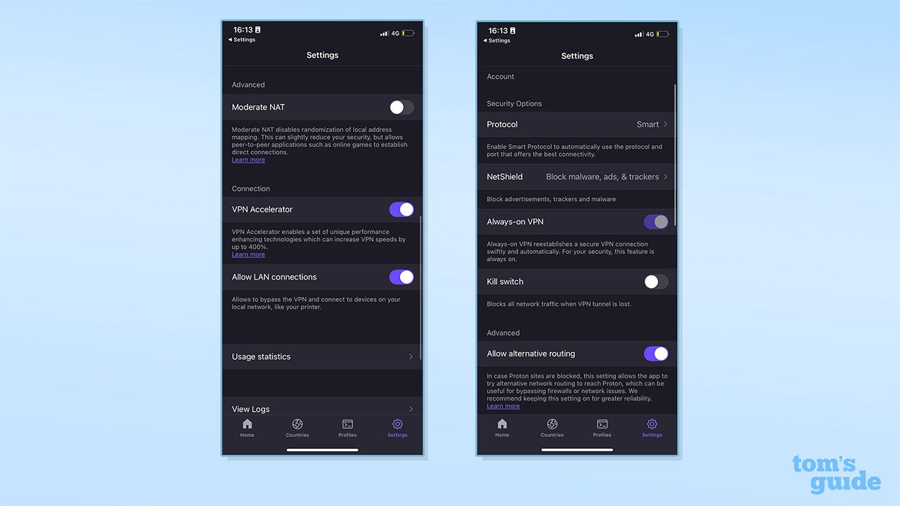 لقطتا شاشة تعرضان إعدادات Proton VPN.