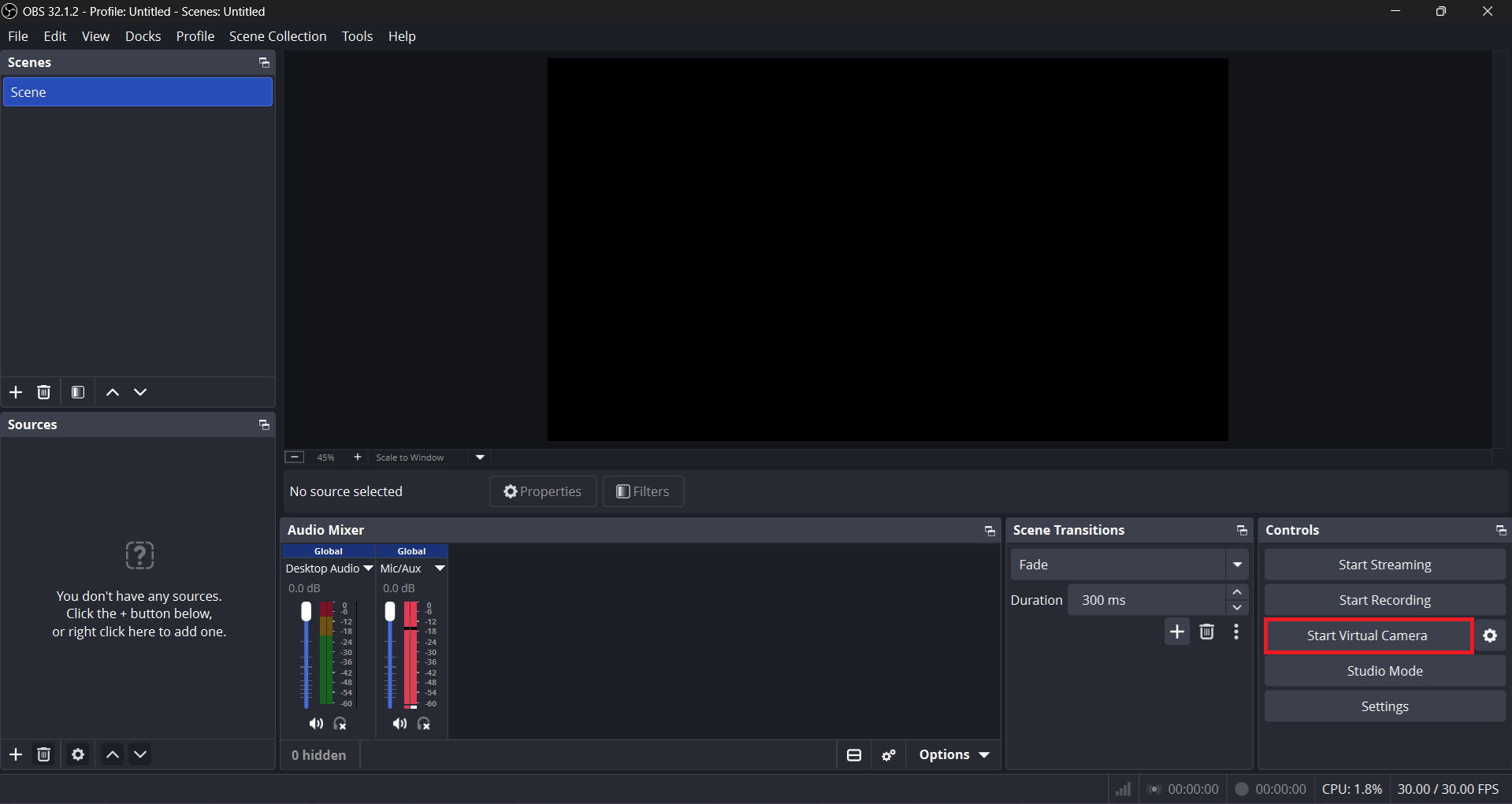 لوحة Controls dock في OBS Studio تعرض زر Start Virtual Camera.