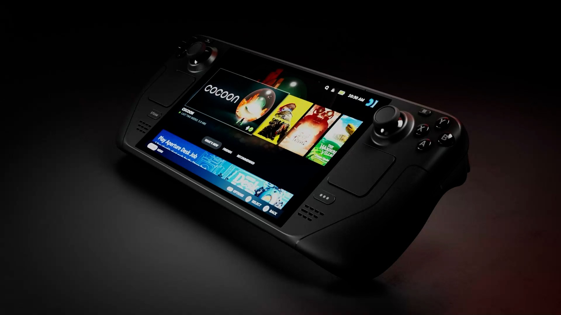 جهاز Steam Deck على خلفية سوداء