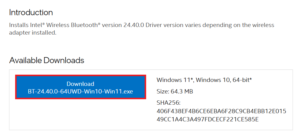 صفحة دعم الشركة المصنعة لجهاز الكمبيوتر تقوم بتنزيل حزمة تعريف Bluetooth الصحيحة لنظام Windows 11.