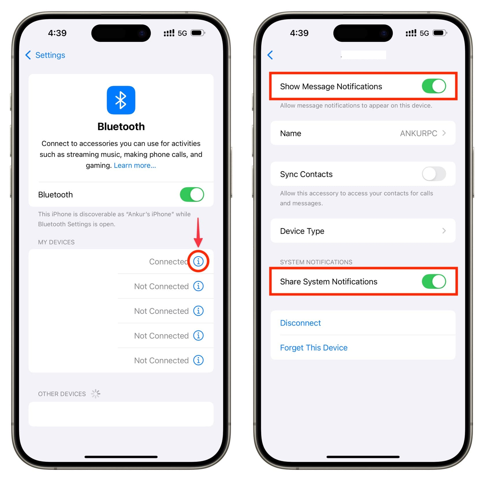 إعدادات Bluetooth على iPhone تعرض أذونات الإشعارات وجهات الاتصال المستخدمة بواسطة Phone Link.