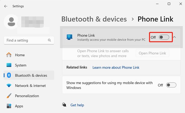 إعدادات Bluetooth والأجهزة في Windows تقوم بتبديل Phone Link بين التشغيل والإيقاف لإعادة تعيين بسيطة.