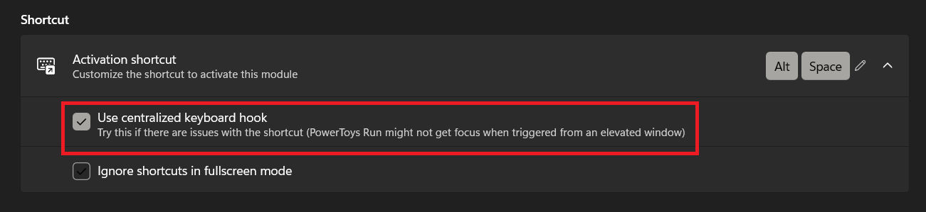 مفتاح تبديل Use centralized keyboard hook ممكّن في إعدادات PowerToys Run.