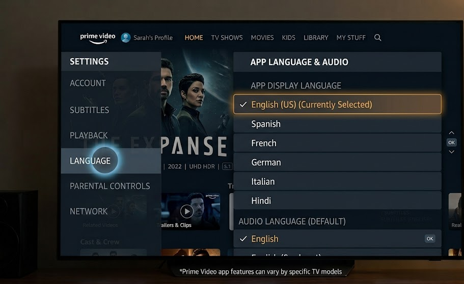 شاشة إعدادات Prime Video أو تعديل الملف الشخصي على تلفزيون ذكي تُظهر خيارات اللغة ولغات البث.
