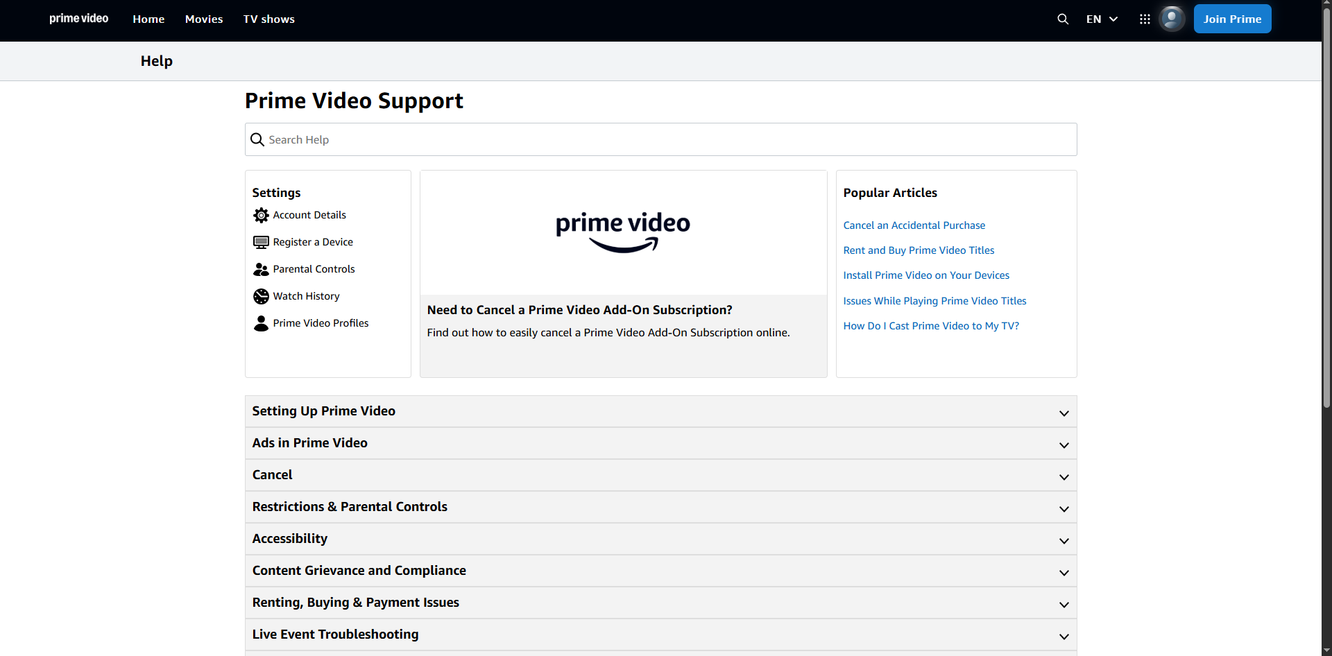 شاشة مساعدة أو ملاحظات Prime Video تُستخدم للإبلاغ عن فيلم أو حلقة بترجمة معطلة.