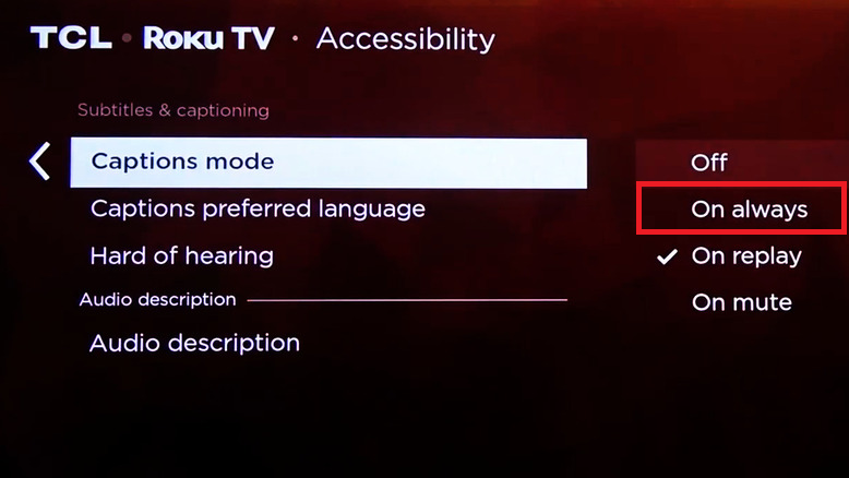 التحقق من إعدادات الوصول أو الترجمة في Roku TV أثناء استكشاف مشكلات ترجمة Prime Video.