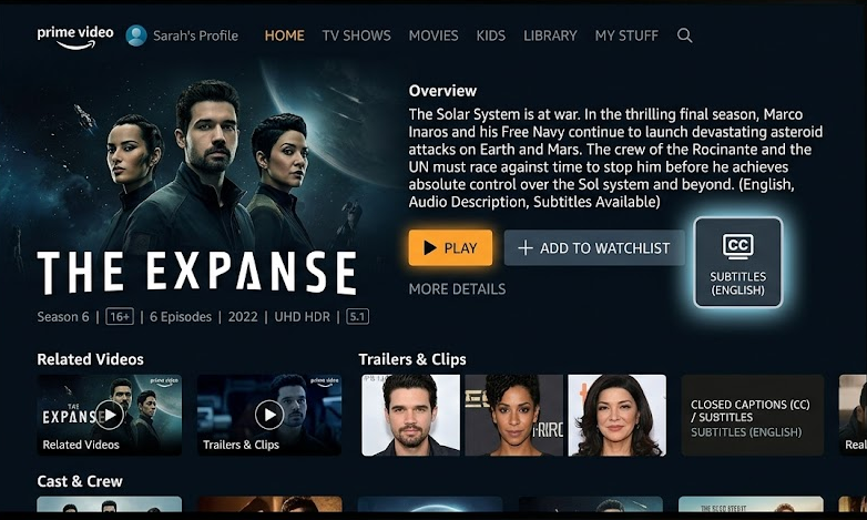 شاشة نظرة عامة على عنوان Prime Video على تلفزيون ذكي تُظهر أيقونة الترجمة أو التسميات التوضيحية المغلقة.