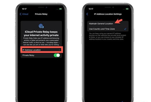 إعداد موقع عنوان IP لـ Private Relay على iPhone مضبوط على Maintain General Location.