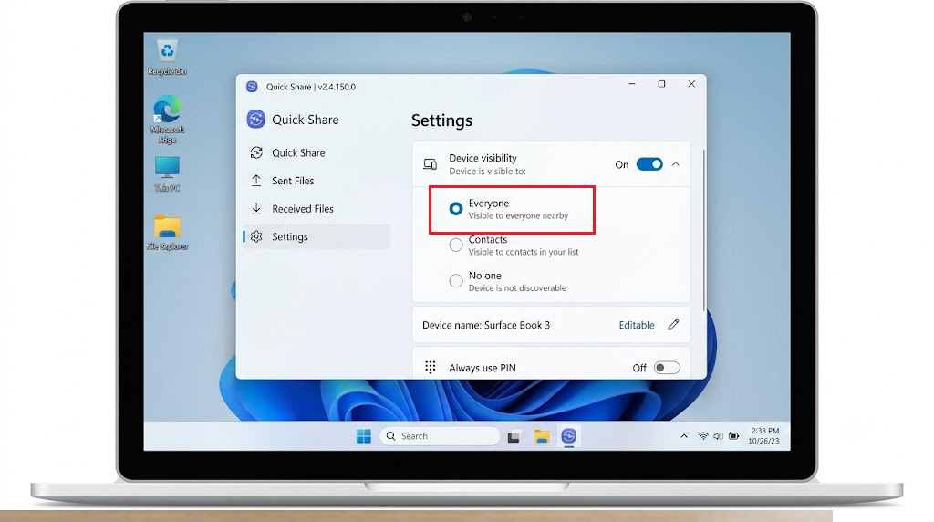 لقطة شاشة لتطبيق Quick Share على Windows تُظهر خيارات رؤية الجهاز مثل Everyone و Contacts و Your devices و No one.