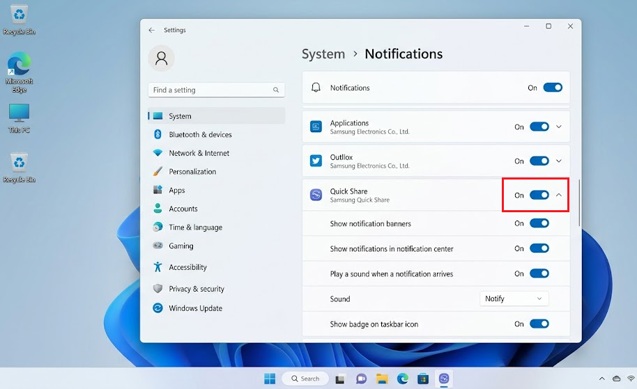 إعدادات إشعارات Windows تُظهر تمكين إشعارات Quick Share.