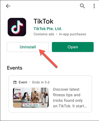 حذف TikTok وإعادة تثبيته من متجر التطبيقات الرسمي.