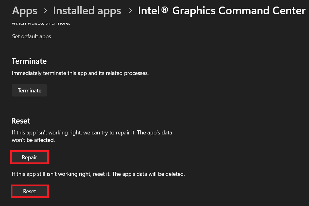 خيارات Windows المتقدمة لتطبيق Intel Graphics Command Center تعرض أدوات التحكم في الإصلاح (Repair) وإعادة الضبط (Reset).