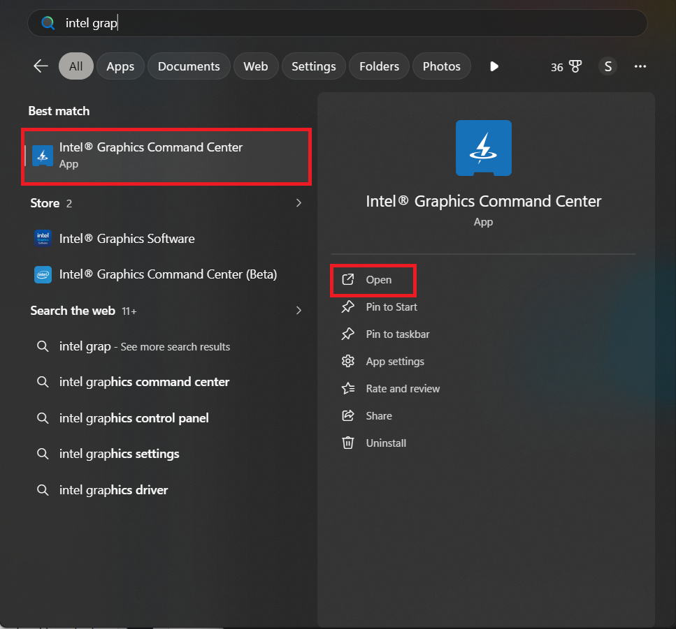 إعادة تشغيل Windows قبل فتح Intel Graphics Command Center من قائمة Start.