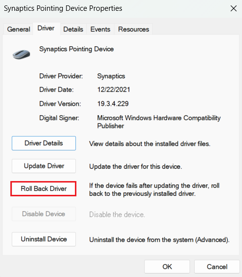 خيار 'Roll Back Driver' في نافذة خصائص برنامج التشغيل.