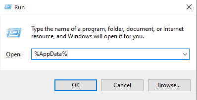 مربع حوار التشغيل في Windows يفتح مجلد AppData roaming الذي يحتوي على البيانات المحلية لتطبيق Telegram Desktop.