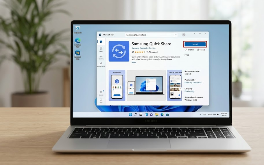 جهاز كمبيوتر Samsung يتحقق من Samsung Quick Share في Microsoft Store بدلاً من حزمة Google القديمة.