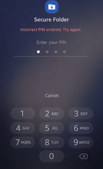 شاشة قفل المجلد الآمن Samsung تُظهر كلمة مرور خاطئة أو عدم وجود خيار 