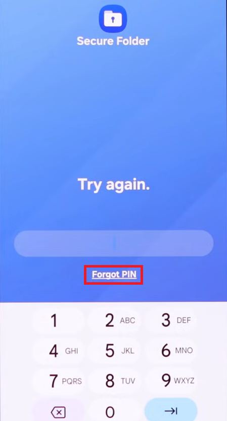شاشة تسجيل الدخول إلى حساب Samsung تظهر أثناء إعادة تعيين رمز PIN للمجلد الآمن.