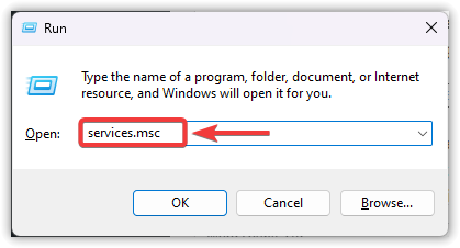 نافذة التشغيل مع كتابة services.msc