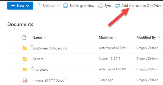 مكتبة مستندات SharePoint تعرض خيار Add shortcut to OneDrive للوصول المحلي في مستكشف الملفات.