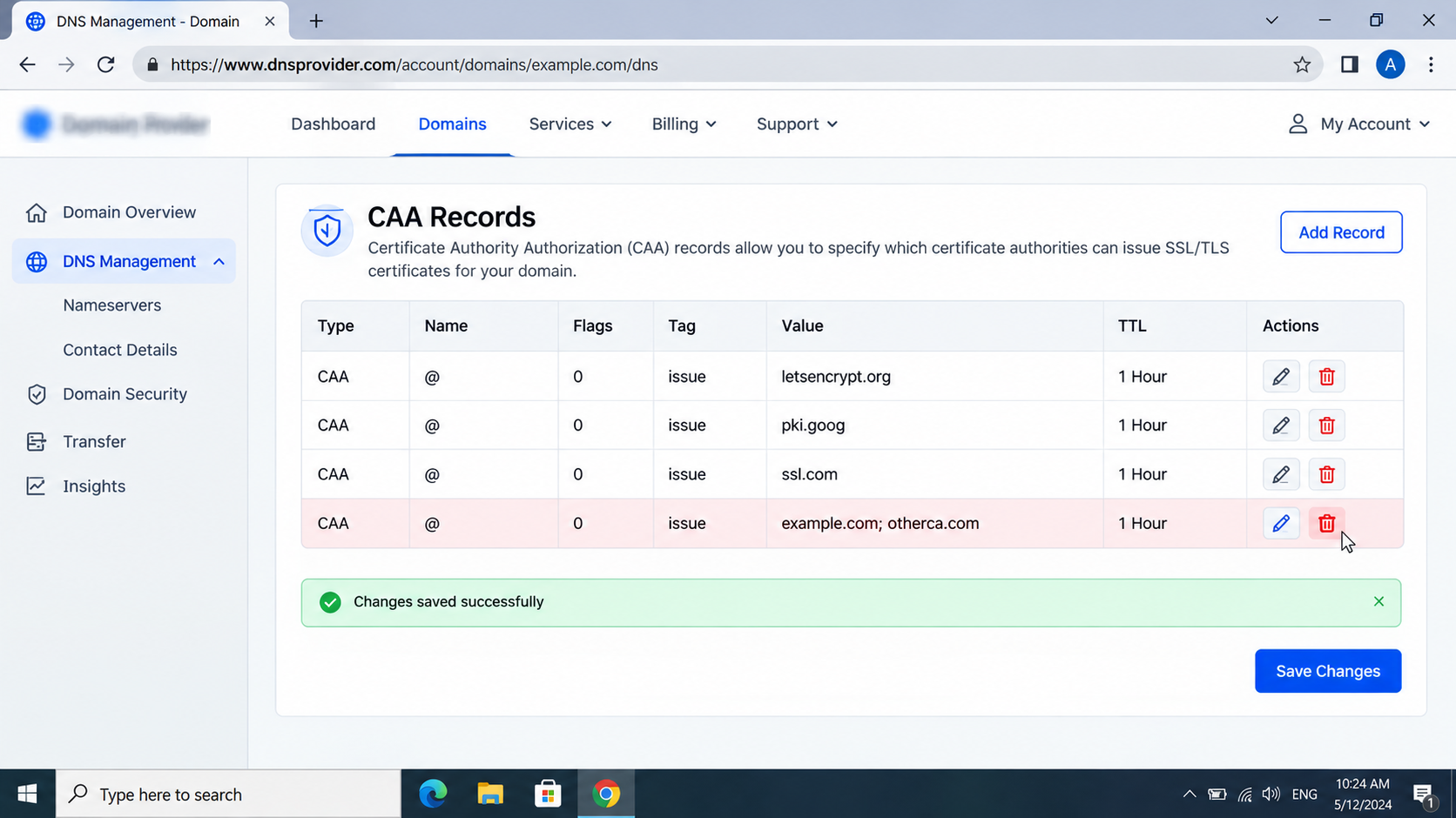 إعدادات سجلات CAA الخاصة بـ DNS التي تسمح لـ letsencrypt.org و pki.goog و ssl.com بإصدار شهادة SSL لمتجر Shopify.