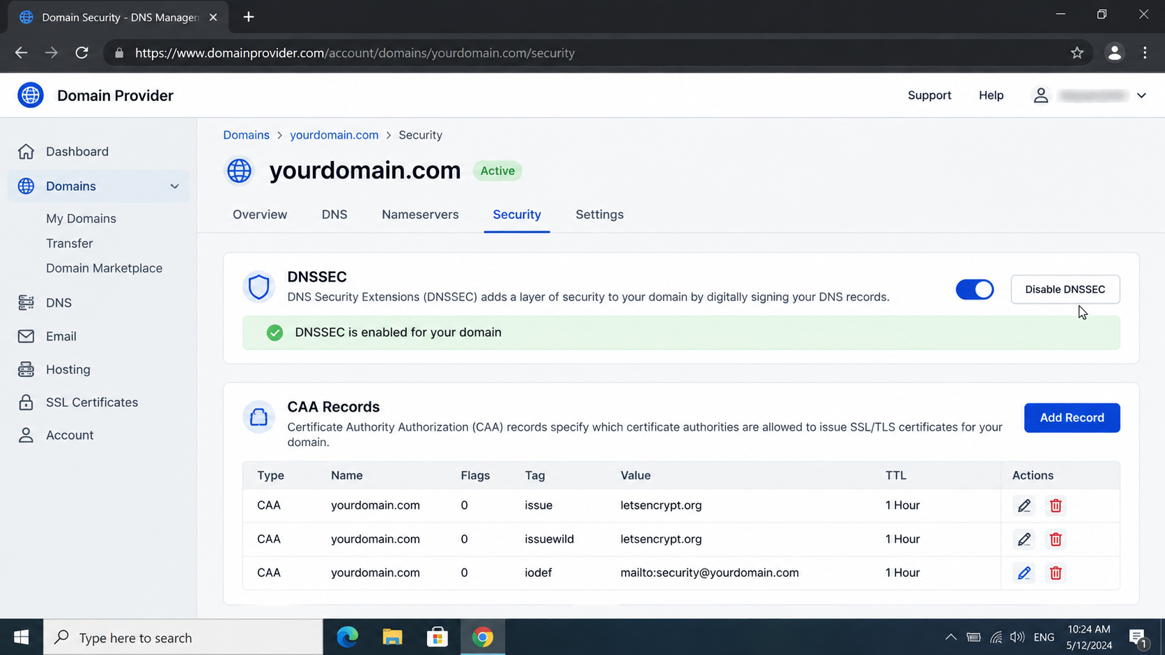 إعدادات أمان المسجل التي تُظهر تعطيل DNSSEC لنطاق يتصل بـ Shopify.