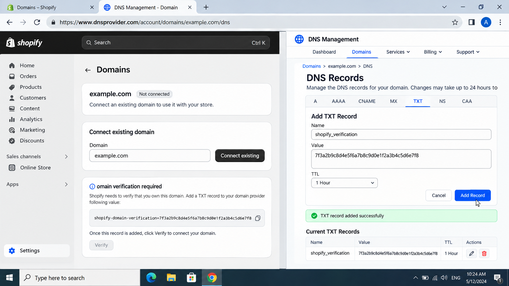 شاشة ربط النطاق في Shopify تُظهر قيمة التحقق TXT لنطاق مرتبط بمتجر آخر بالفعل.