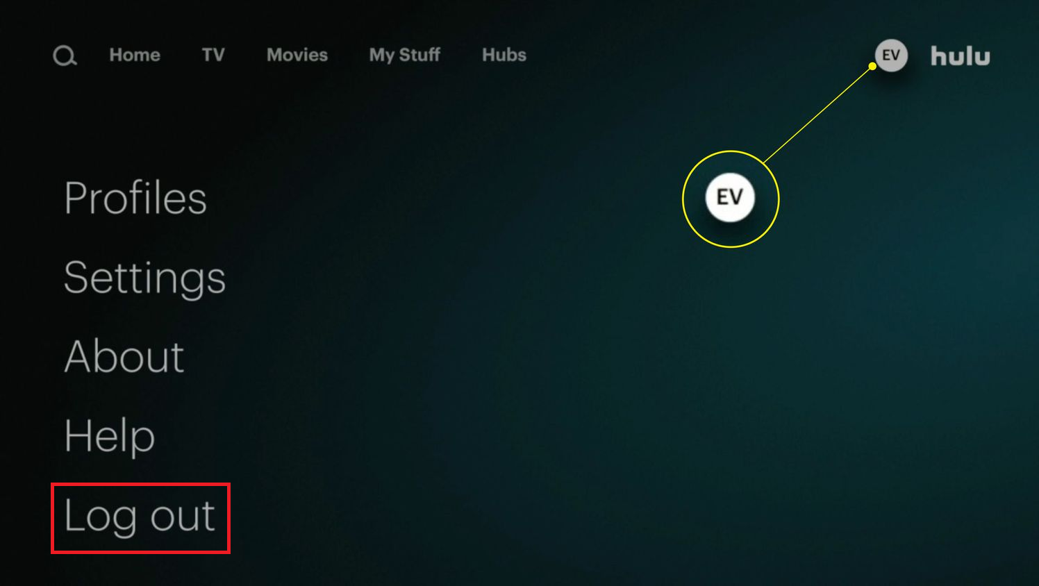 قائمة حساب Hulu على تلفزيون ذكي تظهر خيار تسجيل الخروج.