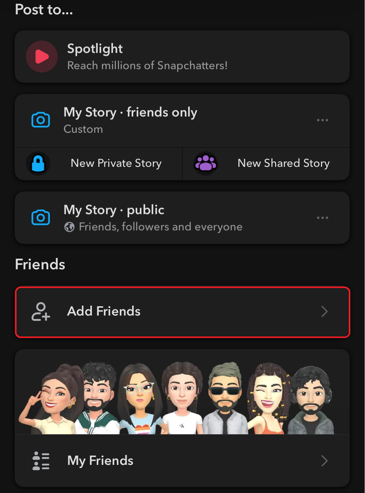 شاشة الملف الشخصي أو إضافة الأصدقاء في Snapchat تُظهر Find Friends حيث كان المستخدمون يتوقعون المسمى القديم Quick Add.