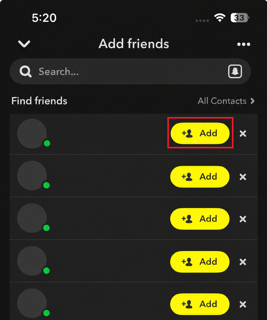حساب Snapchat جديد يعرض عددًا قليلاً جدًا من اقتراحات البحث عن الأصدقاء بسبب قلة سجل نشاط الحساب.