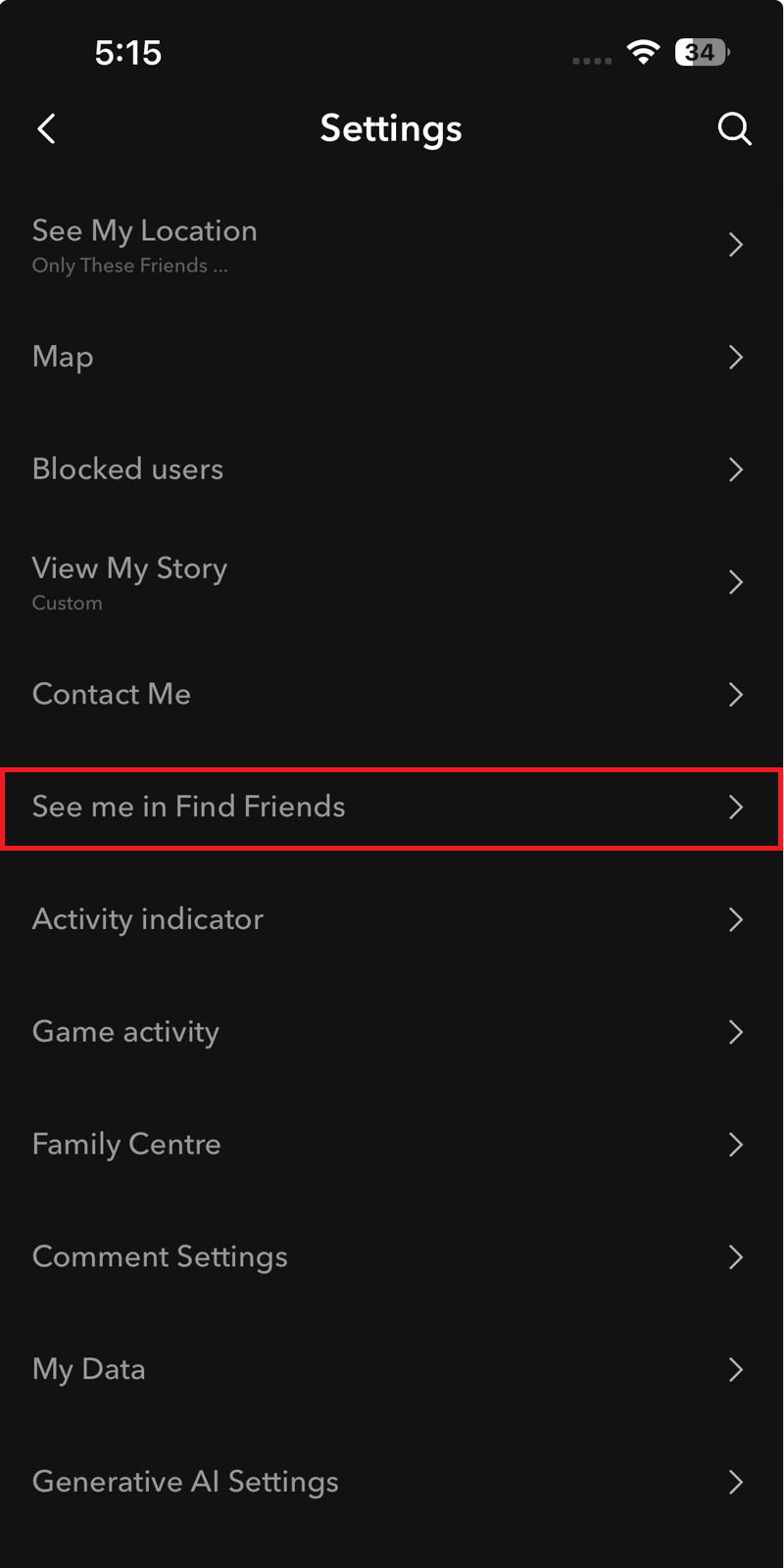 شاشة إعدادات Snapchat تعرض مفتاح تبديل See Me in Find Friends لاكتشاف الحساب.