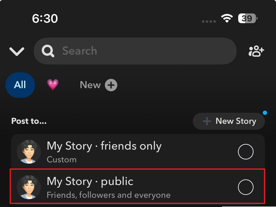 شاشة Send To في Snapchat تُظهر My Story Public كوجهة للنشر.