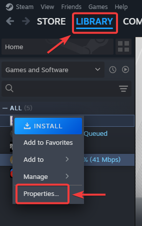 صورة توضيحية لقائمة الخصائص أو الإدارة في Steam