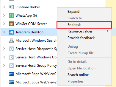 مدير المهام في Windows ينهي عمليات Telegram و Updater قبل إعادة تشغيل تطبيق سطح المكتب.