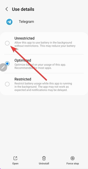 إعدادات بطارية Android أو تطبيق أمان OEM يسمح لتطبيق Telegram بالعمل دون قيود صارمة على البطارية.