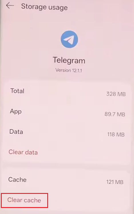 إعدادات استخدام التخزين في Telegram تُظهر خيار مسح ذاكرة التخزين المؤقت.