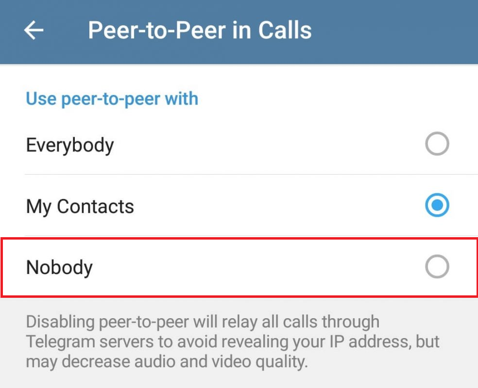 إعدادات الخصوصية والأمان في Telegram تُظهر خيار مكالمات نظير إلى نظير.