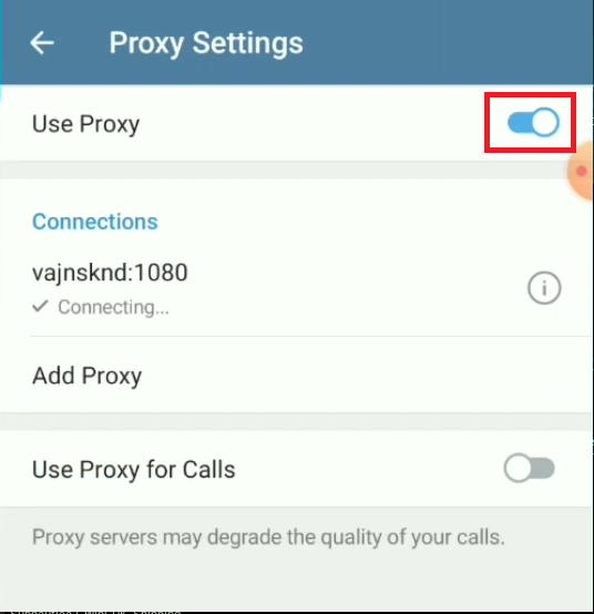 إعدادات البيانات والتخزين في Telegram تُظهر خيارات Proxy و Use Proxy for Calls.
