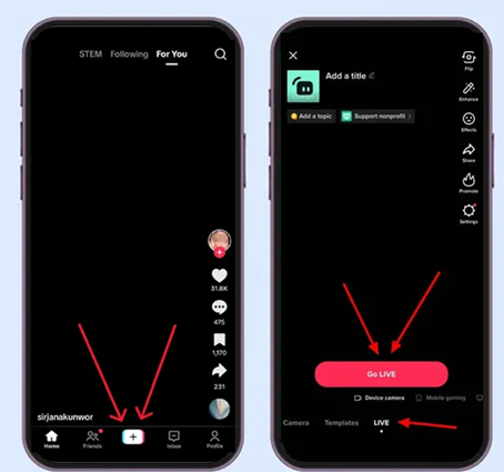 شاشة إنشاء TikTok تفتقد علامة تبويب LIVE أو تعرض مسارًا مختلفًا للمبدعين بدلاً من Go LIVE.